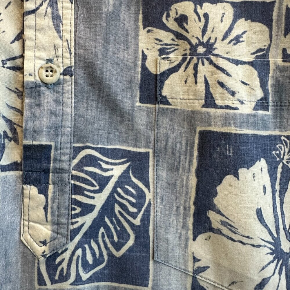 Vintage Go Barefoot Hawaiian Shirt L Half Button Pullover Blue Floral - Picture 5 of 10